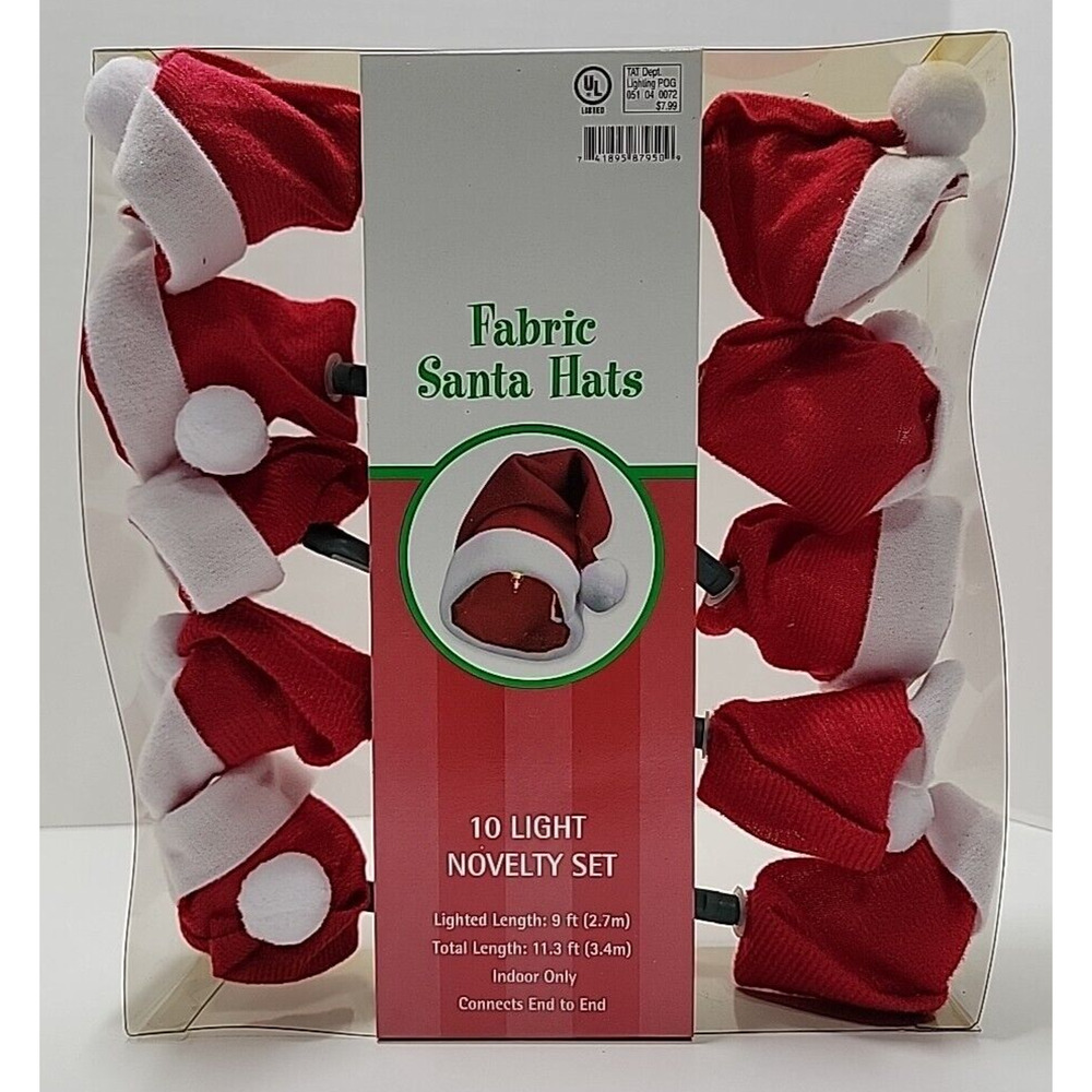 Vintage 10 RED FABRIC SANTA HAT‎ STRING LIGHTS NEW